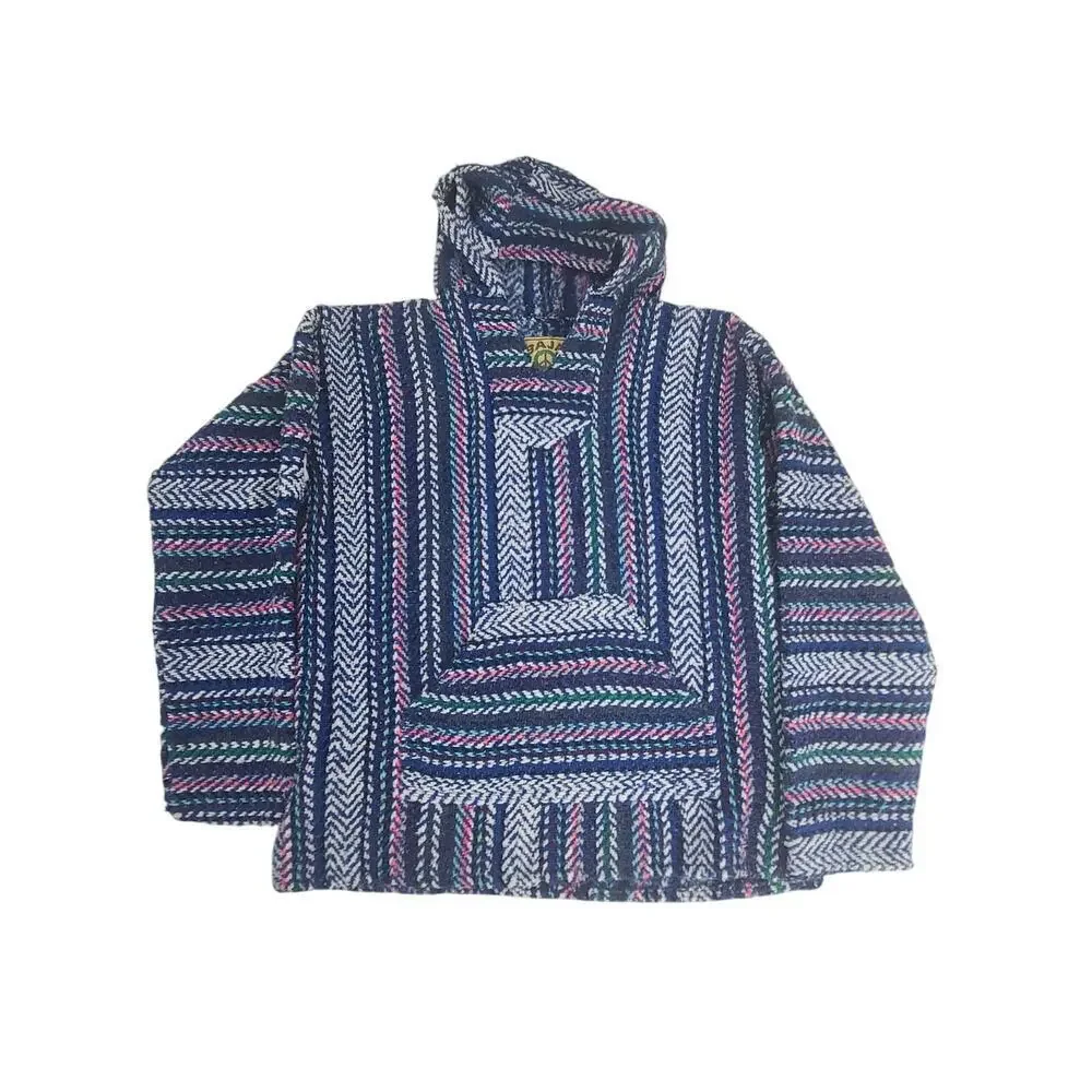 Baja Joe Mexicali poncho Hoodie Blue Size Medium Hippie surfer Boho Casual